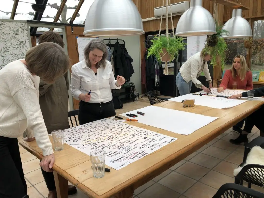 Deelnemers schrijven samen aan de lange tafel